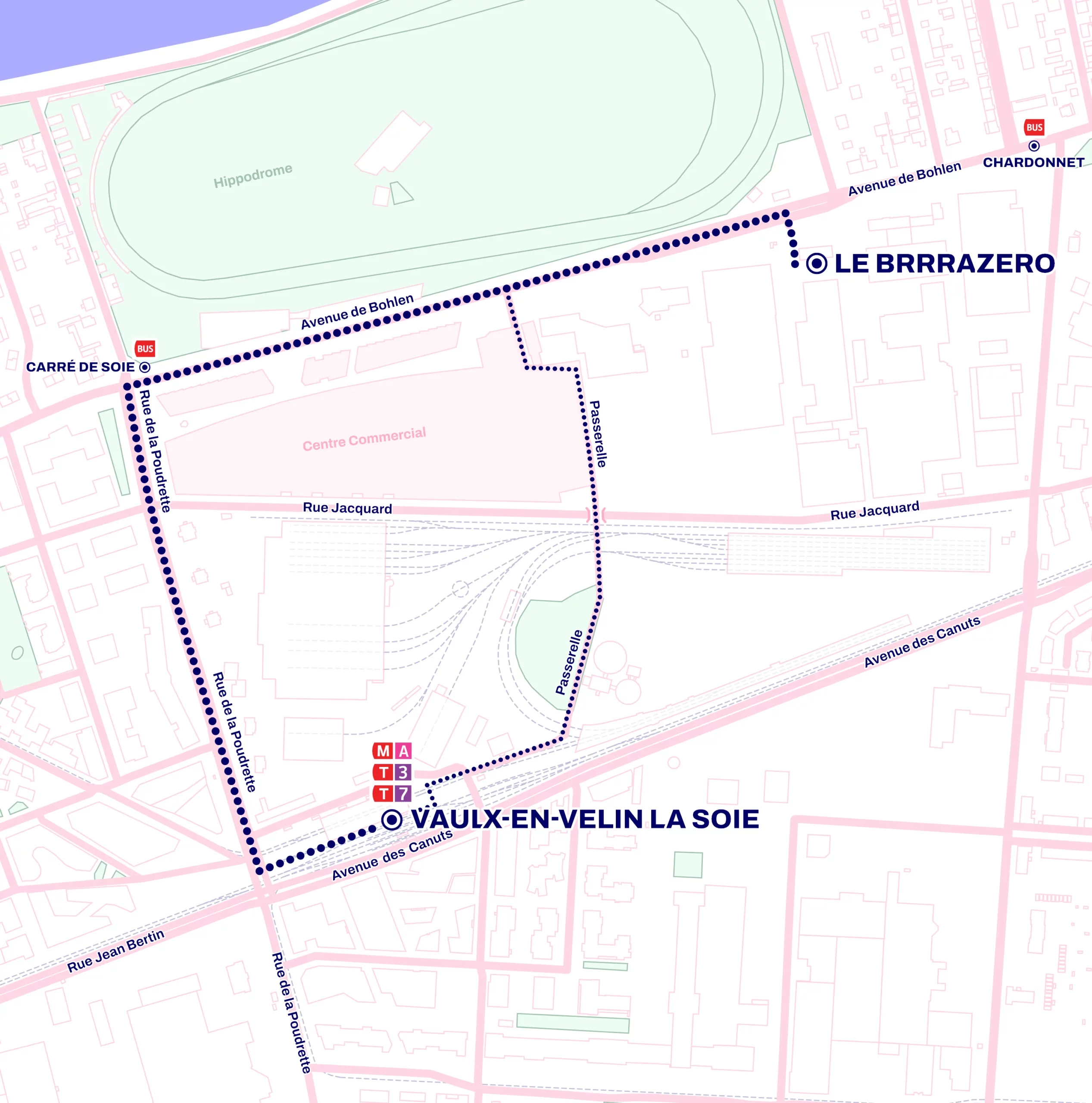 Plan du quartier autour du Brazero et itinéraire depuis la station de métro et tramway de Vaulx-en-Velin La Soie.