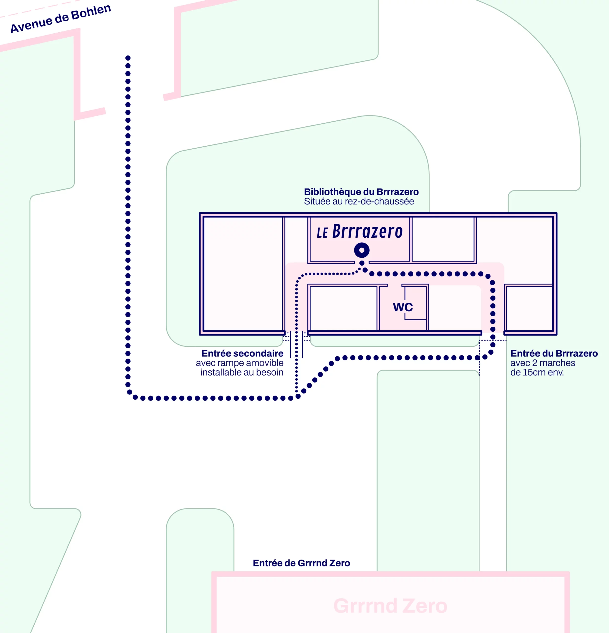 Plan du rez-de-chaussée du bâtiment accueillant le Brazero avec une indication de parcours pour se rendre dans le bibliothèque.