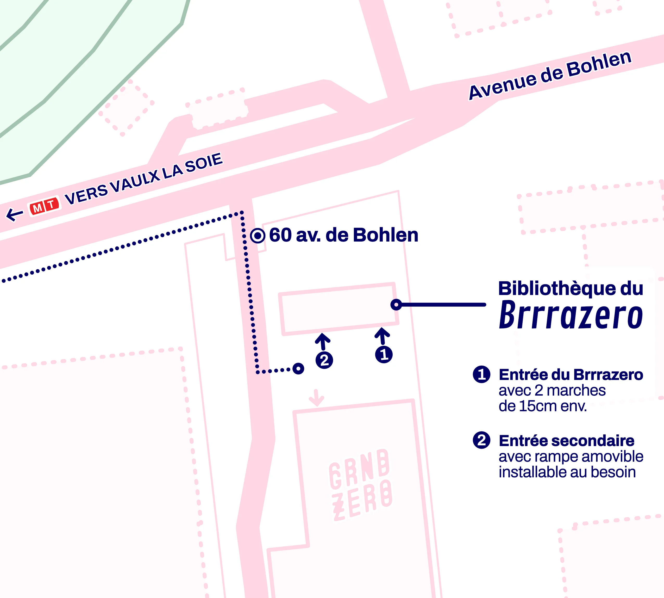 Plan du site partagé entre Grrrnd Zero et le Brazero avec des indications visuelles pour repérer l'entrée de la bibliothèque du Brrrazero.