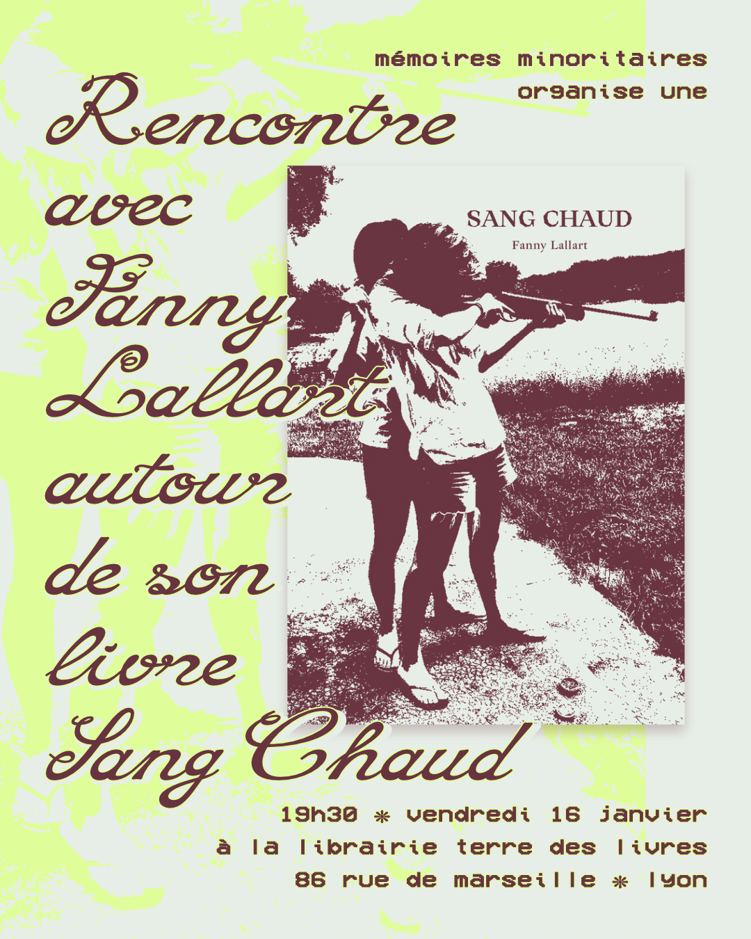 Le visuel reprend la couverture du livre de Fanny Lallart où deux jeunes femmes s'entrainent au tir à la carabine.